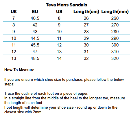 2025 Teva Mens Sandals  Size Chart